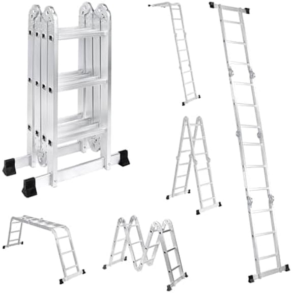 12.5FT Multi-Purpose Folding , 7 in 1 Aluminium Folding Collapsible Extension Ladders Adjustable Step Ladders with Large Joints for Home Roof RV Work Painting$$Tools