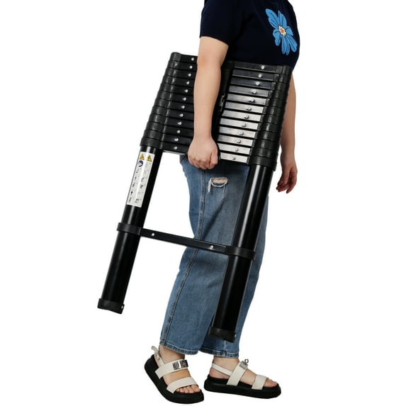 12.5FT Telescopic Aluminum Ladder 330lb Capacity Slow Down Safety Function & Non-Slip Feet Portable Extension Ladder for Household & Outdoor Work Black