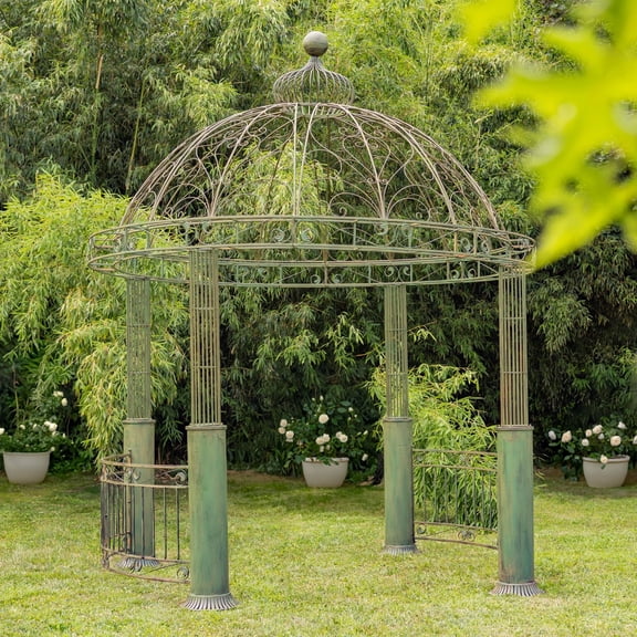 13.8ft. Tall Ornate Round Iron Garden Gazebo in Antique Green "Medellín 1972"