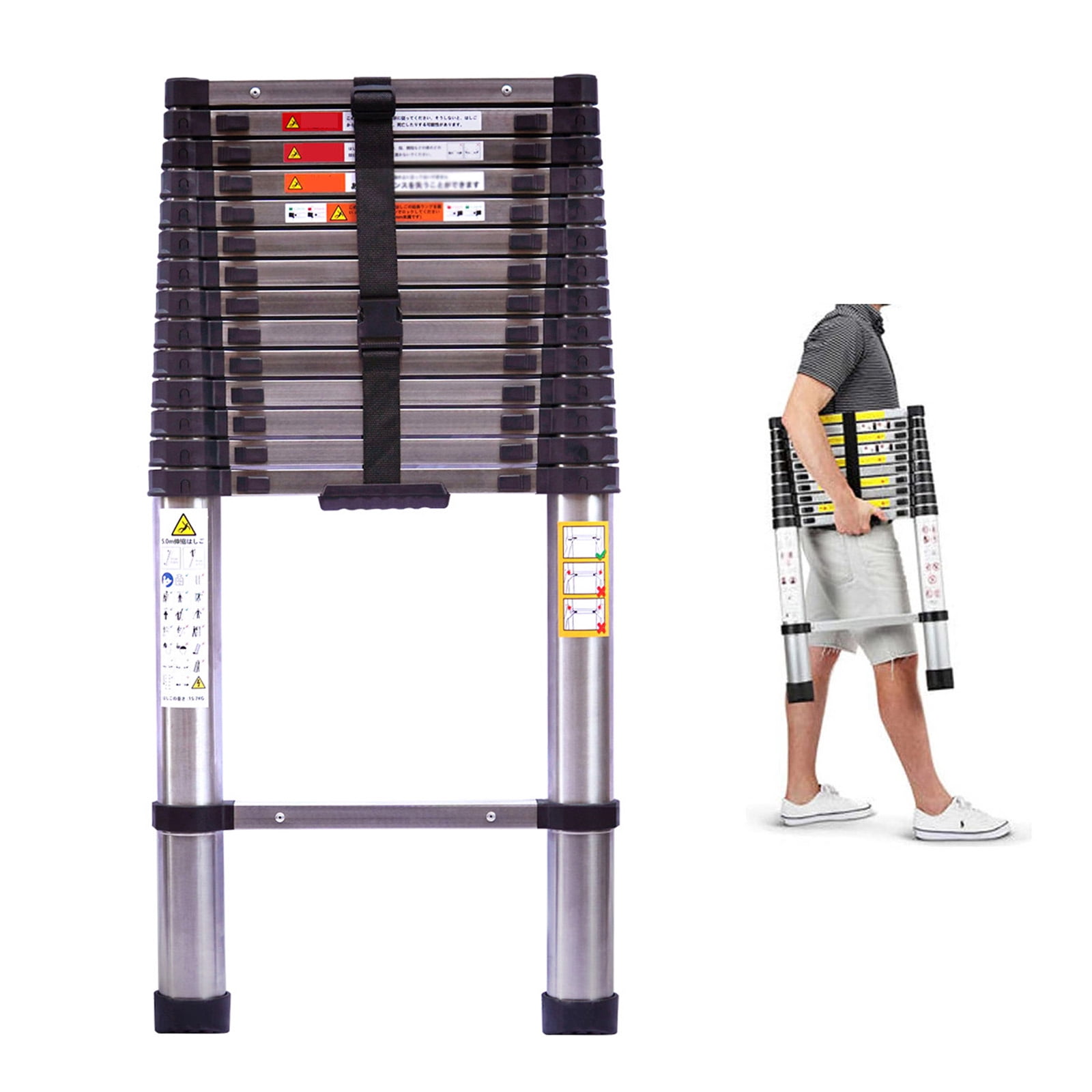12.5ft Telescoping Ladder Stainless Steel Construction Portable Folding ...