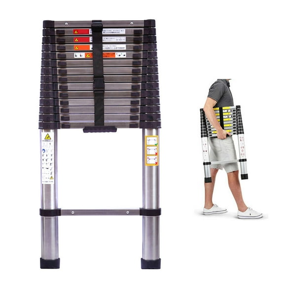 12.5ft Telescoping Ladder Stainless Steel Construction Portable Folding Extension Ladder for Home Office RV Attic Building Maintenance, 330lbs Load Capacity, EN131 Standard, with Slip-Proof Feet