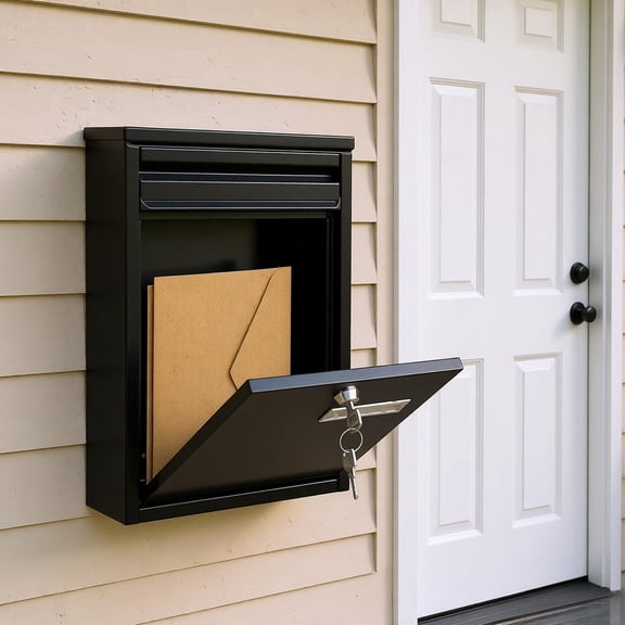 12.5in Wall Mount Lockable Mailbox Heavy Duty Galvanized Iron Letter Post Box Security Drop Box with 2 Keys and Pre Drilled Holes for Outside Home Office Front Door Porch Commercial Use Black