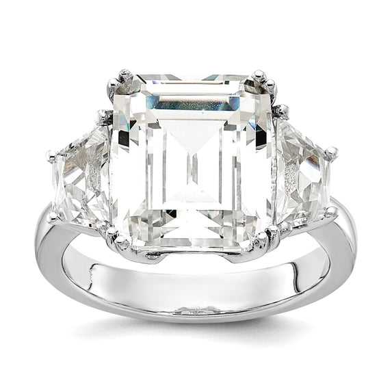 12.5mm 925 Sterling Silver Rhodium Plated Fancy Emerald-cut and Brilliant-cut CZ 3 Stone Ring Size 6 Ring for Women