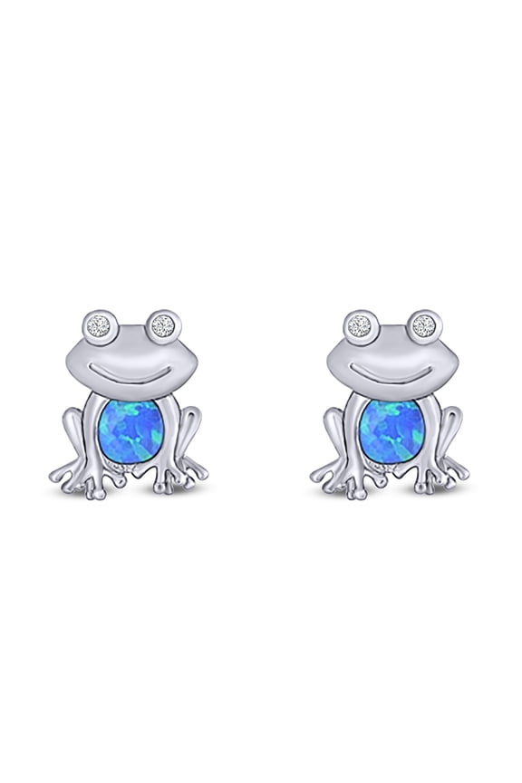 12.5mm Frog Stud Earring Created Blue Opal Solid 925 Sterling Silver