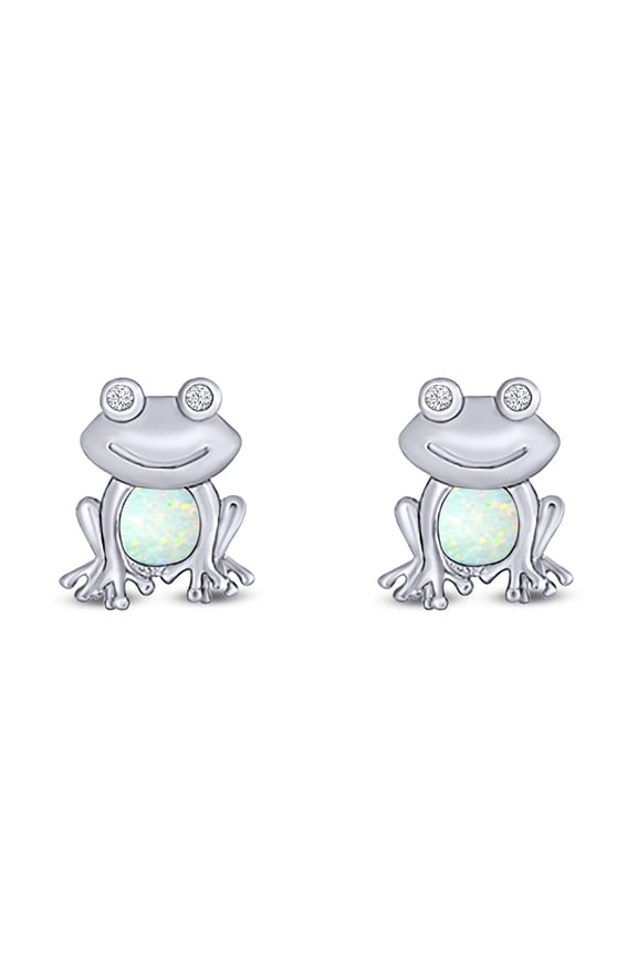 12.5mm Frog Stud Earring Created White Opal Solid 925 Sterling Silver