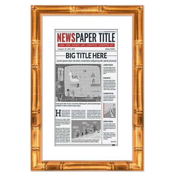 12.5x22 Newspaper Frame With Mat Solid Wood - Matte Gold Bamboo Finish - Matches Any Decor - Size