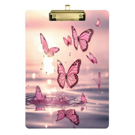 12.5x9 Inch Acrylic Clipboard with Metal Clip – Single-Sided Print & Retractable Hook，Many Pink Butterflies
