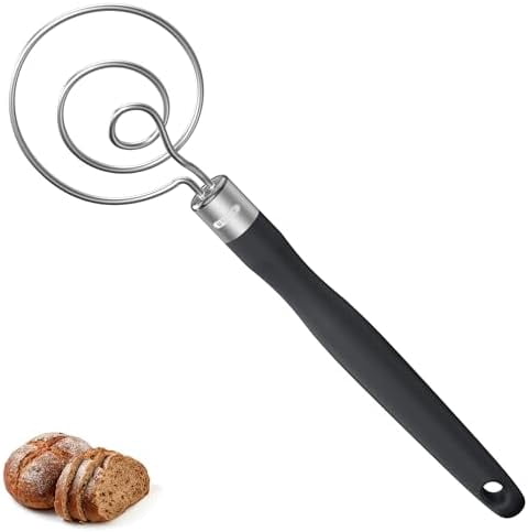 12.6" Danish Dough Whisk: 18/8 Stainless Steel Heavy-Duty Sourdough Mixer Tool, Food Grade Dutch Style Seamless Bread Wisk, Sturdy for Mixing, Stirring, Pressing, Kneading Thick Batter (Black)
