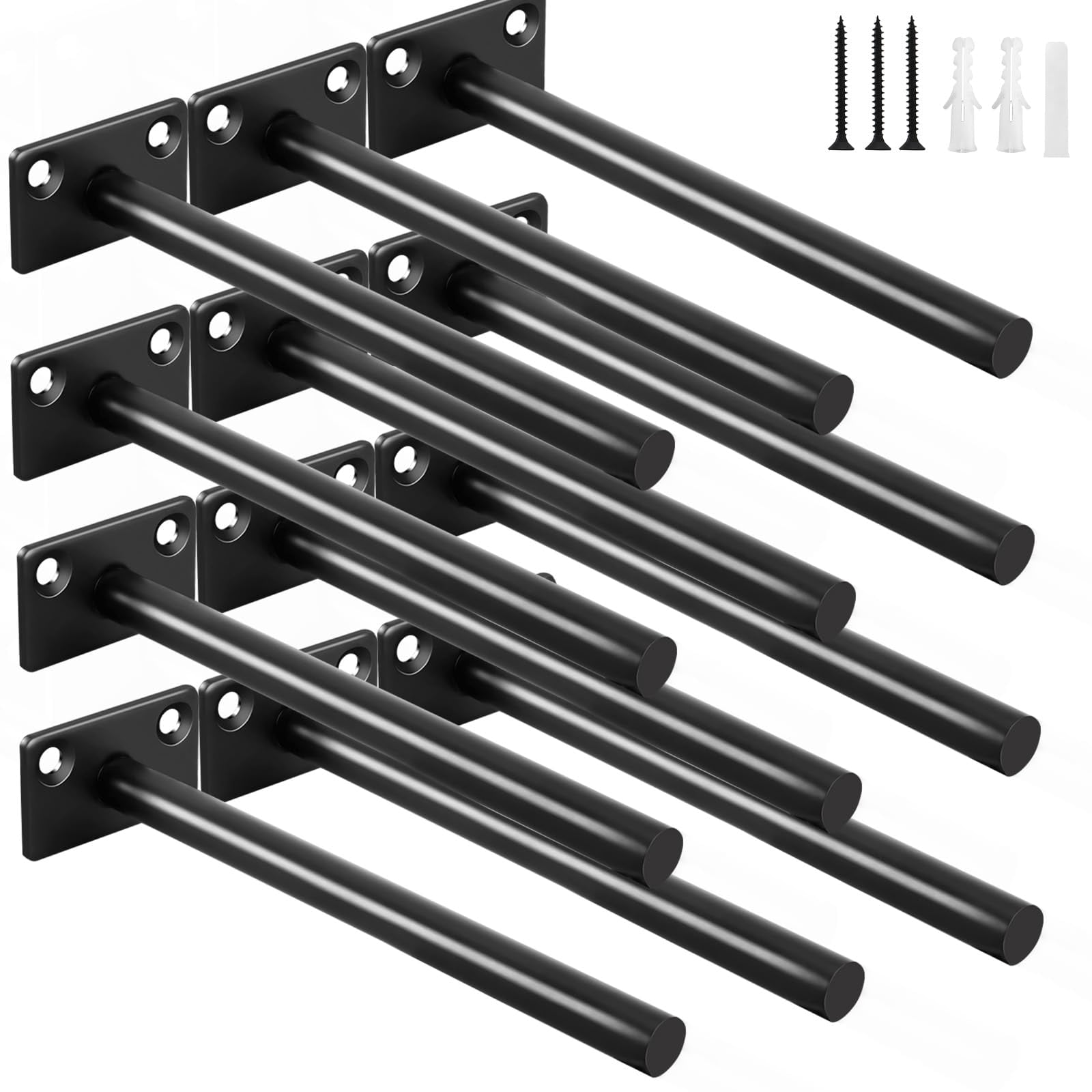 12 6" Black Solid Steel Floating Shelf Bracket Blind Supports - Brackets For Wood Shelves Concealed Support Screws And Wall Plugs Included