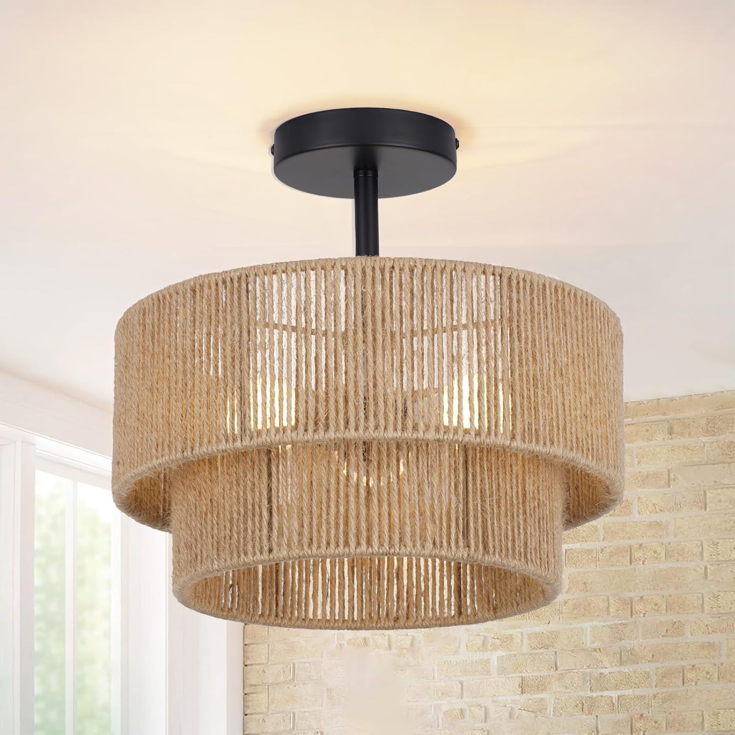12.6'' Boho Light Fixtures Ceiling Mount, Coastal Hemp rope Semi Flush ...