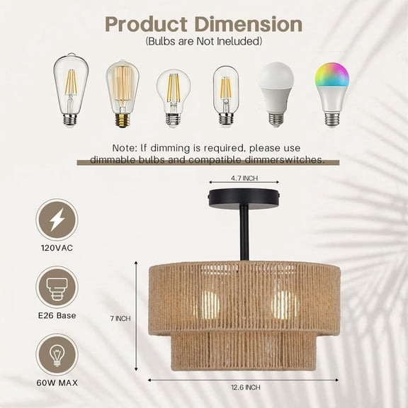 12.6'' Boho Light Fixtures Ceiling Mount, Coastal Hemp rope Semi Flush Mount Ceiling Light Fixture,3-Light Rustic Rattan Ceiling Light With 2-Tier Drum Shade, Nursery Light Fixture Bedroom Chandelier