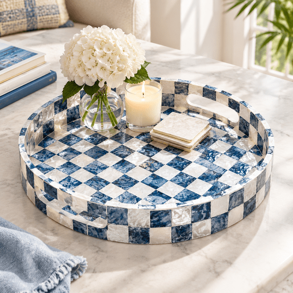 12.6" Capiz Shell Round Decorative Tray With Handles Navy Blue
