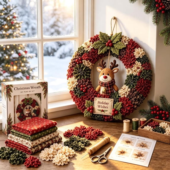12.6" Christmas Wreath Hanging Ornament, Christmas Fabric Punch Craft Wreath DIY Kit, 3D Handmade Holiday Wreath Set, 3D Fabric Poke Art Kit Decor for Front Door Wall Window, Christmas Gift