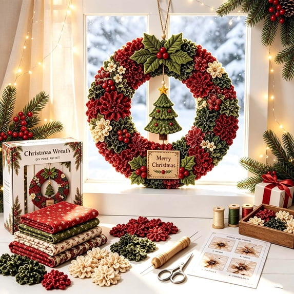 12.6" Christmas Wreath Hanging Ornament, Christmas Fabric Punch Craft Wreath DIY Kit, 3D Handmade Holiday Wreath Set, 3D Fabric Poke Art Kit Decor for Front Door Wall Window, Christmas Gift