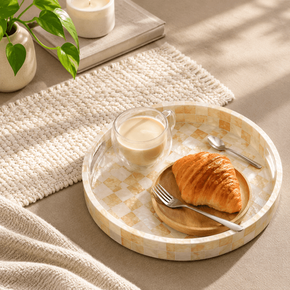 12.6" Decorative Capiz Shell Round Tray For Coffee Table