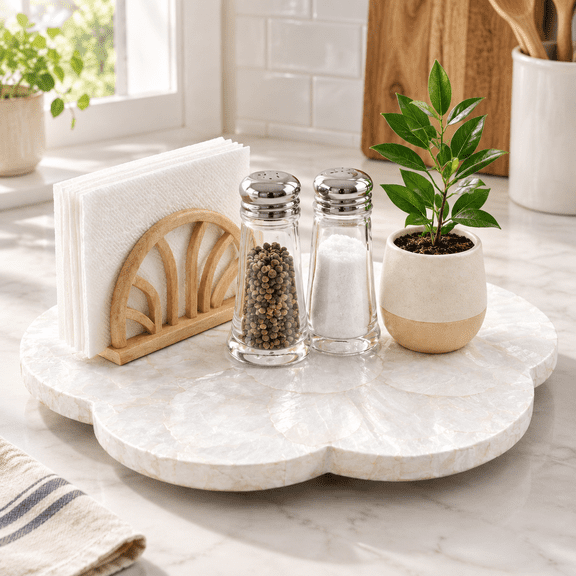 12.6" Flower Shaped Capiz Shell White Lazy Susan For Table Top