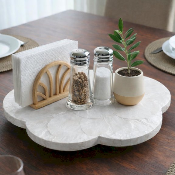 12.6 Flower Shaped Capiz Shell White Lazy Susan for Table Top Pearl White Capiz Lazy Susan Turntable, Scalloped Serving Rotation 360