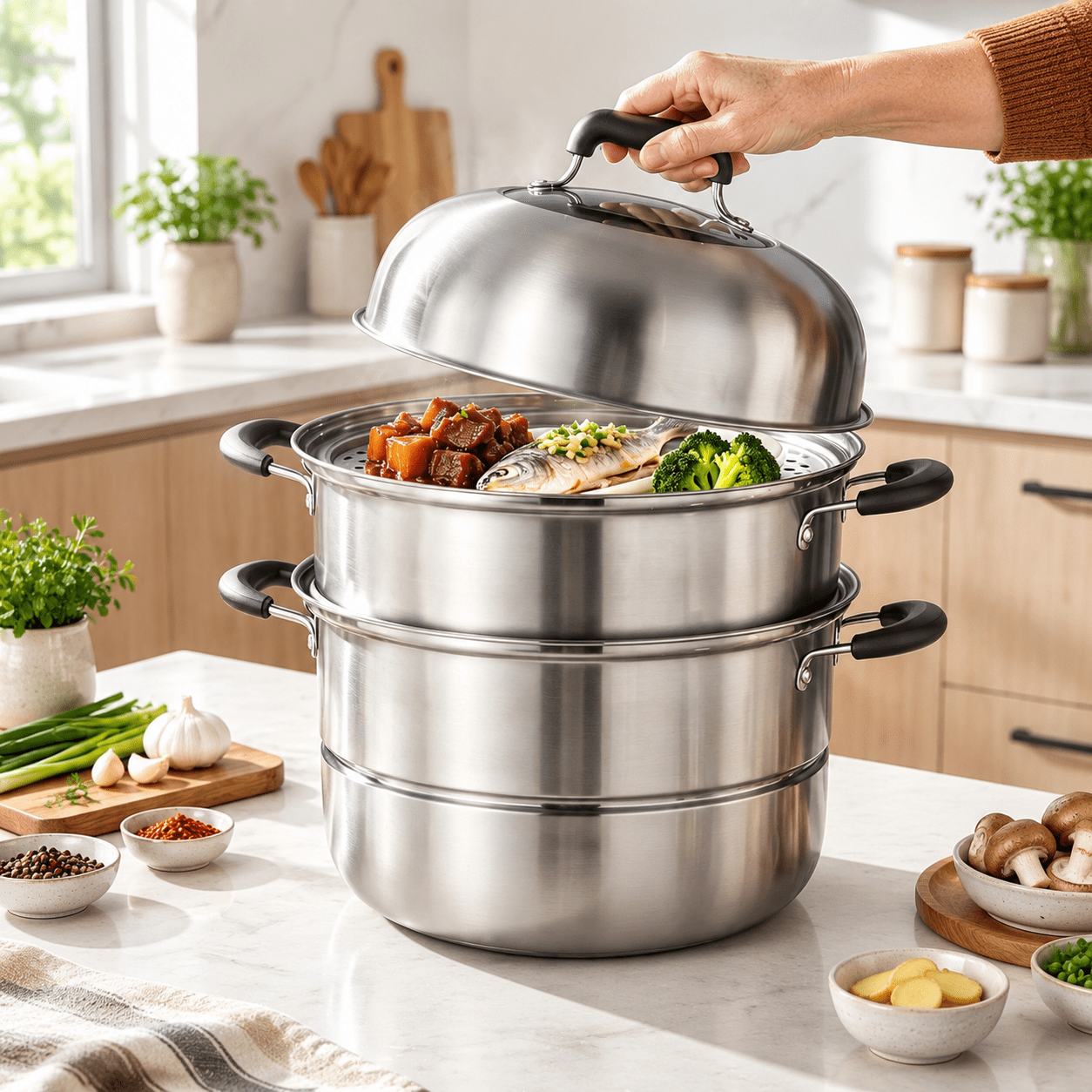 12.6 Inch 3-Tier Stainless Steel Steamer Pot Multipurpose Cookware with ...