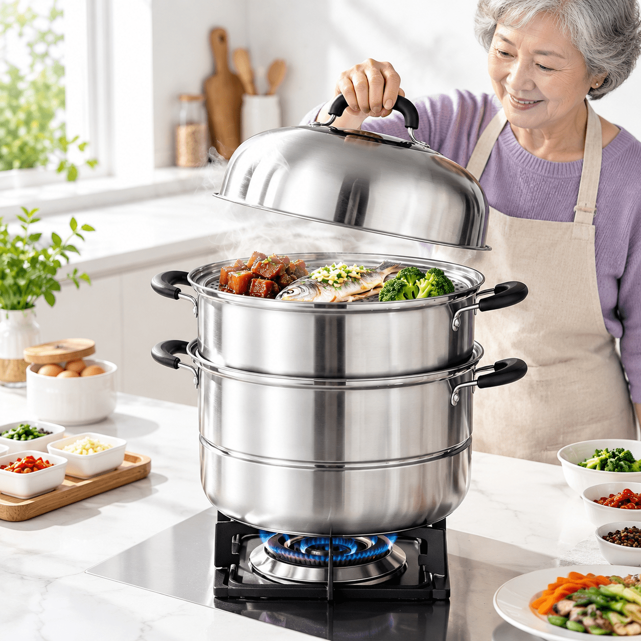 12.6 Inch 3-Tier Stainless Steel Steamer Pot with Lid, Multipurpose ...