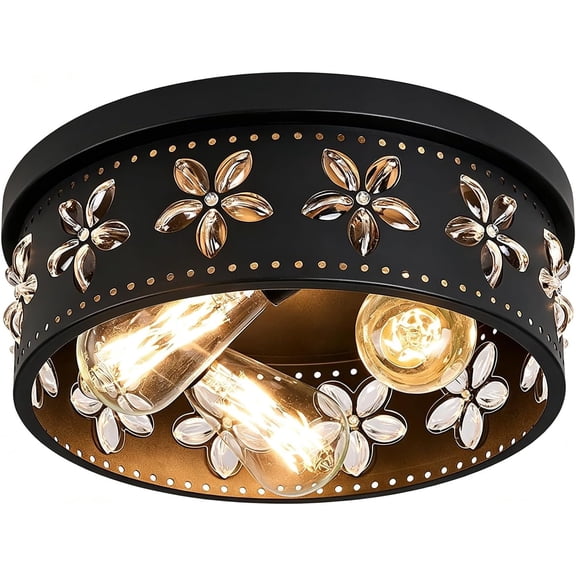 12.6 Inch Black Flower Flush Mount Ceiling Light, 3-Light Farmhouse Close to Light Fixture for Kitchen, Dining Room, Bedroom, Living Foyer, Entryway