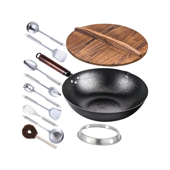 12.6 Inch Carbon Steel Wok 11 Piece Set with Lid No Chemical Coating Flat Bottom for Electric Induction Gas