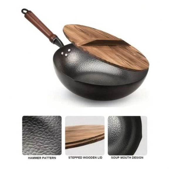 12.6-Inch Carbon Steel Wok Pan Set with Wooden Lid and Cooking Utensils, Flat Bottom Stir-Fry Wok for Induction, Gas, Electric and Ceramic Cooktops, 16-Piece Asian Cooking Cookware Set