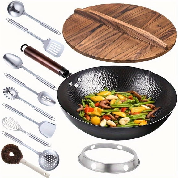 12.6 Inch Cast Iron Wok with 11PCS Cooking Accessories, Flat Bottom Carbon Steel Stir Fry Pan, Chinese Wok for Induction, Gas, Electric and All Stovetops