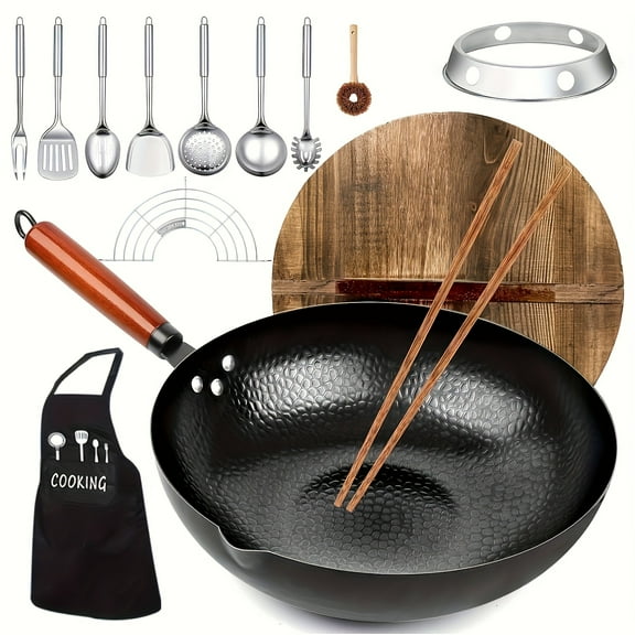 12.6 Inch Cast Iron Wok Set with 13 Pieces Accessories for All Cooktops & Camping