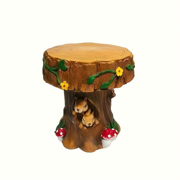 12.6 Inch Enchanted Resin Mushroom Squirrel Stool - Whimsical Outdoor/Indoor Decor with Red Mushrooms & Flowers - Perfect for Fairy Tale Gardens & Patios
