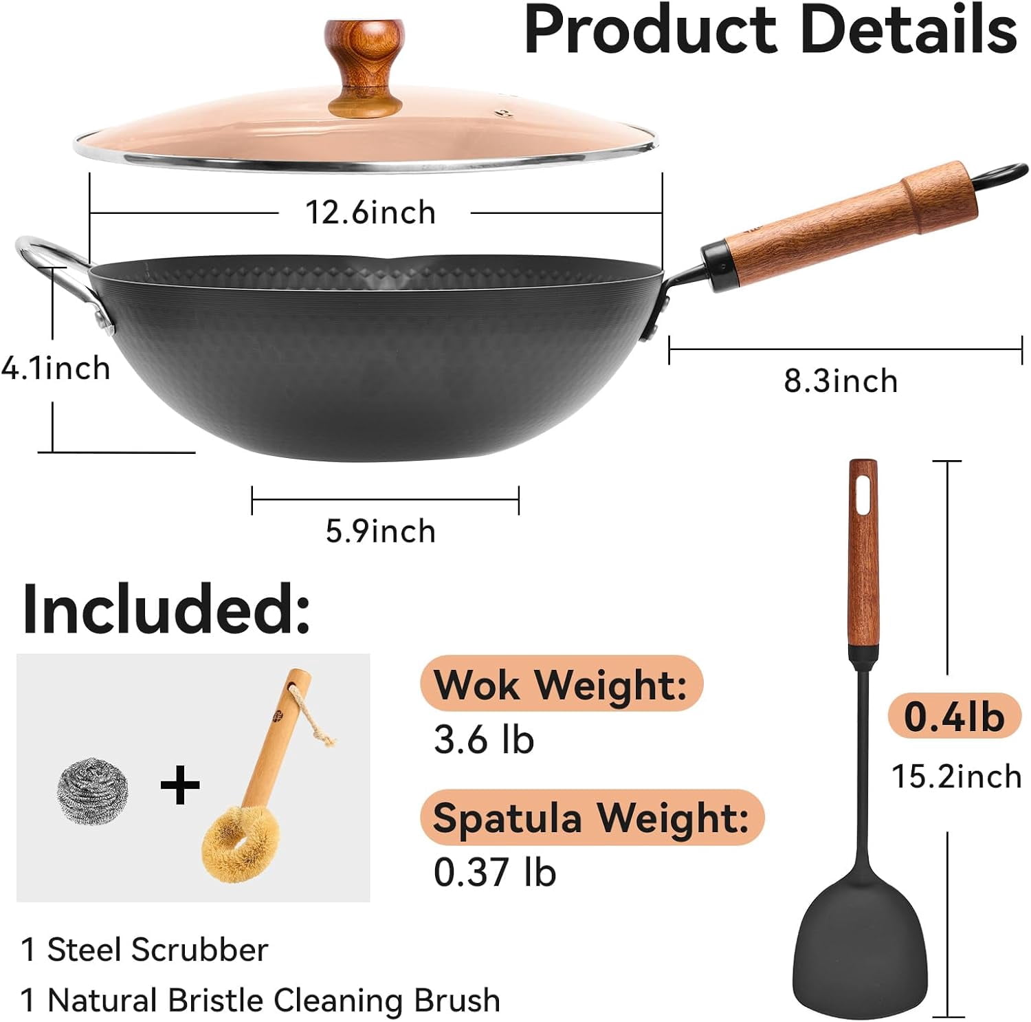 12.6 Inch Flat Bottom Carbon Steel Wok Pan with Lid and Spatula, Heavy Duty Uncoated Iron Stir Fry Cookware for Induction Gas Electric Stovetops