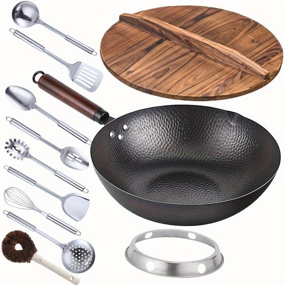 12.6 Inch Iron Wok with Lid, 11PCS Wok Pan Set with 10 Cooking Accessories, Flat Bottom Chinese Stir Fry Pan, No Chemical Coating Wok for Gas, Electric and Induction Stoves