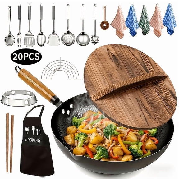 12.6 Inch Nonstick Cast Iron Wok with Lid, 7/20PCS Cookware Set with Kitchen Utensils and Accessories, Frying Pan for All Stoves, Home Cooking and Camping