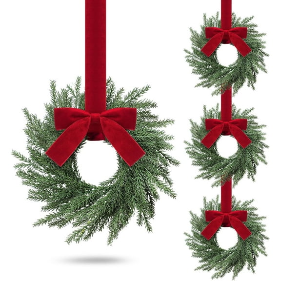 12.6 Inch Norfolk Christmas Wreaths, Evergreen Christmas Kitchen Cabinet Mini Wreaths, Real Touch with Bow & Burgundy Ribbon for Xmas Front Door Window Home Table Christmas Decorations(4 Pcs)