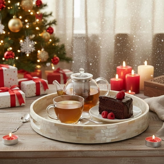 12.6 Inch Round Mother of  Serving Tray with Handles, Decorative Lacquer Coffee Table Tray for Home Kitchen Dining