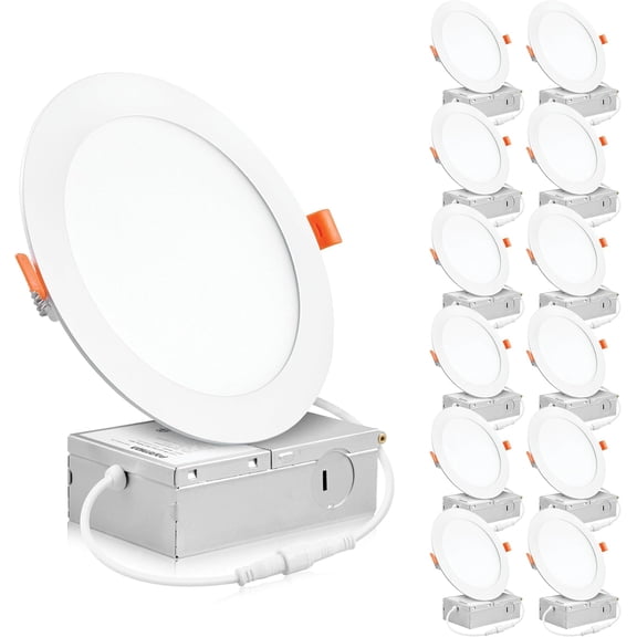 (12 ) 6 Inch -Thin Recessed Ceiling Light with Junction Box, 12W, Dimmable Canless Wafer Slim Panel Downlight, IC Rated, ETL-Listed - 4000K