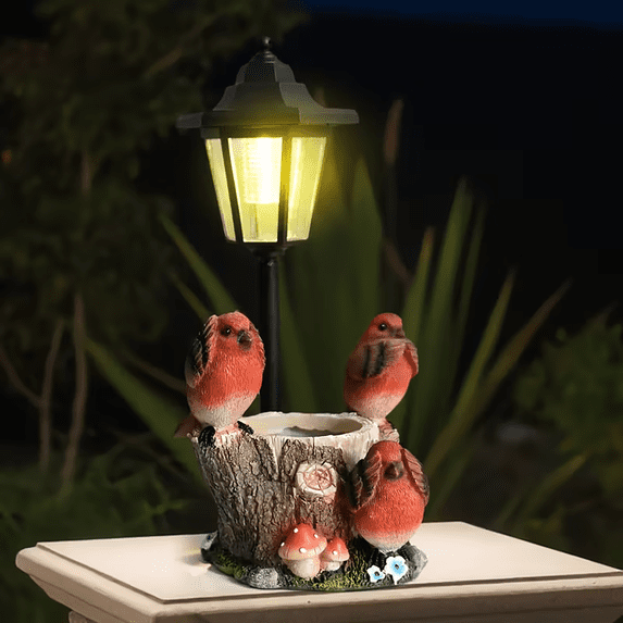 12.6 Inches Solar-Powered Hexagonal Garden Light With Hand-Painted Bird Figurines, Waterproof Outdoor Decorative Lamp For Yard, Patio, Garden, Flower Bed And Ranch For
