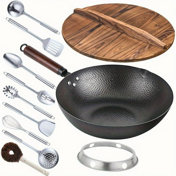 12.6" Iron Wok-11pcs Woks & Stir Fry Pans Wok Pan with Lid, No Chemical Coated Chinese Wok with 10 Cookware Accessories, Flat Bottom Wok for Electric, Induction, Gas Stoves