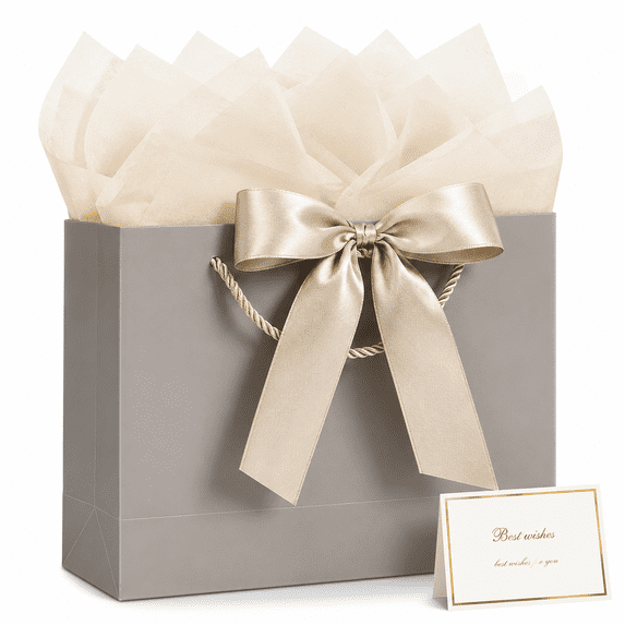 12.6" Medium Champagne Gift Bag with Handles Ribbon Greeting Card and Two Tissue Papers Ideal for Birthday Wedding Anniversary and Valentines Day Gifts