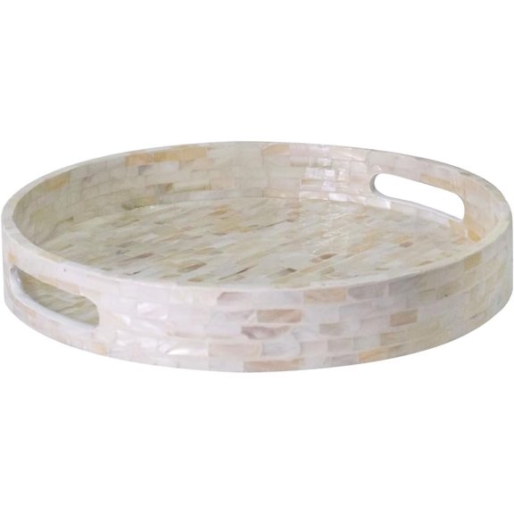 12.6" Mother of Round Serving Tray with Handles, Decorative Nacred Wooden Ottoman Coffee Table Tray (White Tiles)