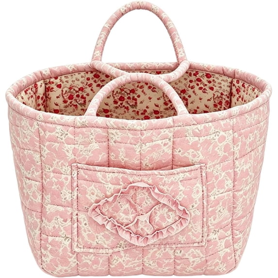 12.6'' Quilted Tote Bag Vintage Floral Basket Car Tote with Handles for Women, Boho Laundry Basket for Organizing Foldable Nursery Hamper