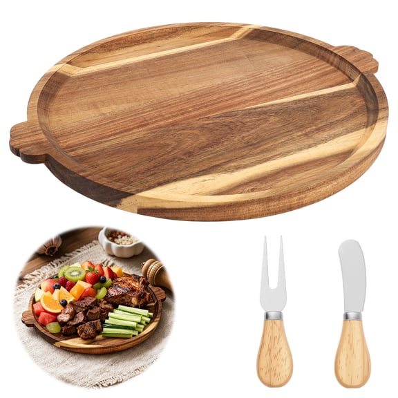 12.6" Round Charcuterie Board Round Wood Tray Charcuterie Board Wood Serving Tray with Fork and Cutter Round Coffee Table Tray Wood Cheese Board Serving Platter for Party Supplies