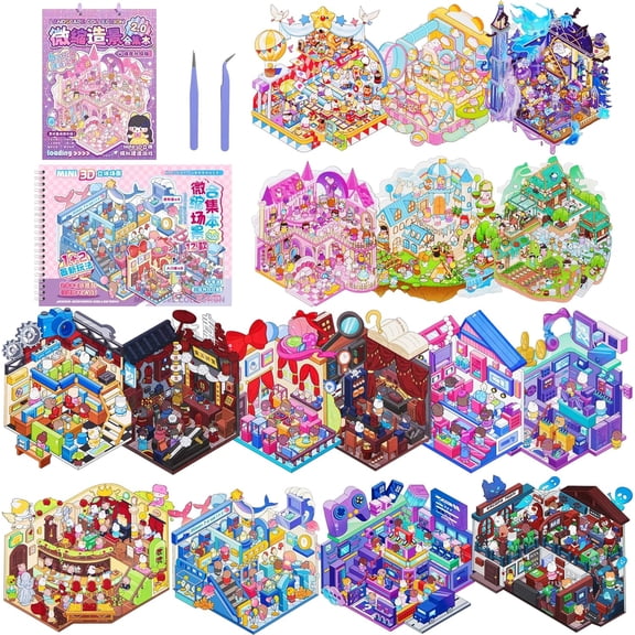 12+6 Sets Big Size 3D House Scene Sticker Book, DIY Cute Scene Stickers Make Your Own Scenes Miniature Room Sticker Therapy for Adults Relief Stress Pass Time