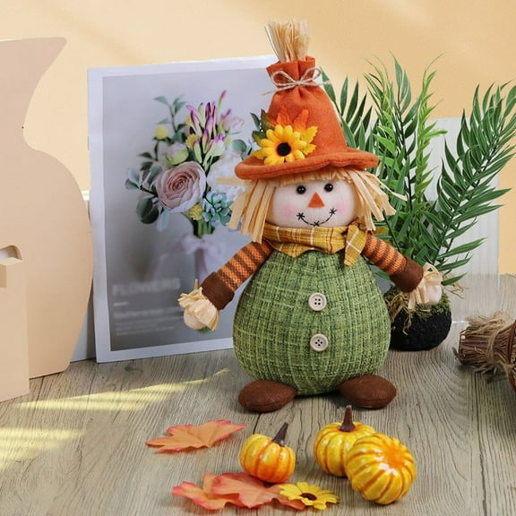 12.6" Sunflower Scarecrow Figurine - Polyester Thanksgiving Decor, Farmhouse Centerpiece for Home or Store Display Green