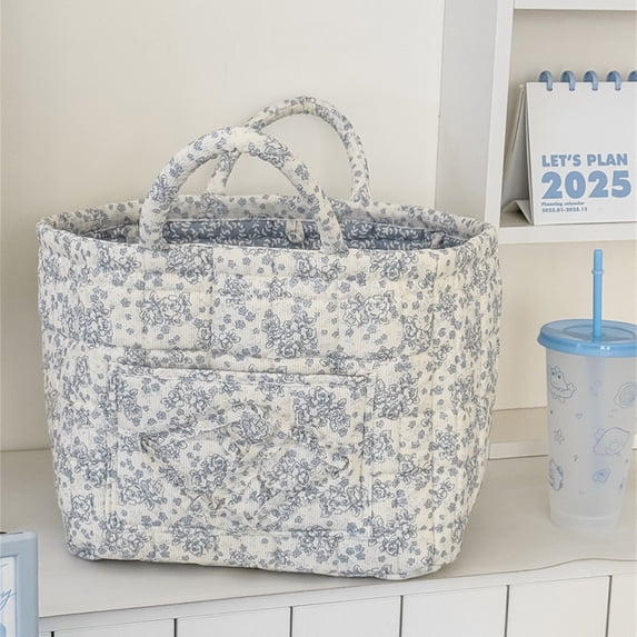 12.6'' Women's Large Capacity Quilted Car Storage Basket Tote Bag, Foldable Washable Multifunctional Diaper Organizer for Moms Daily Use