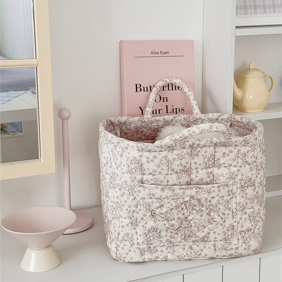12.6'' Women's Large Capacity Quilted Car Storage Basket Tote Bag, Foldable Washable Multifunctional Diaper Organizer for Moms Daily Use