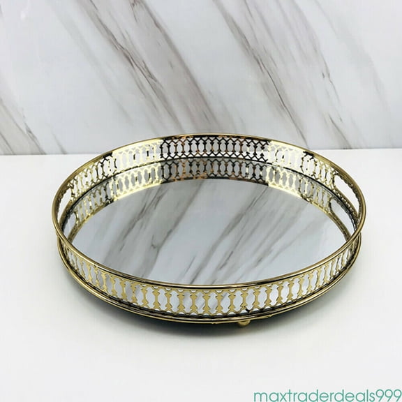 12.6 X 1.6in Tabletop Round Serving Plate, Gold, Mirrored Decorative Tray for Perfume, Cosmetics, Jewelry