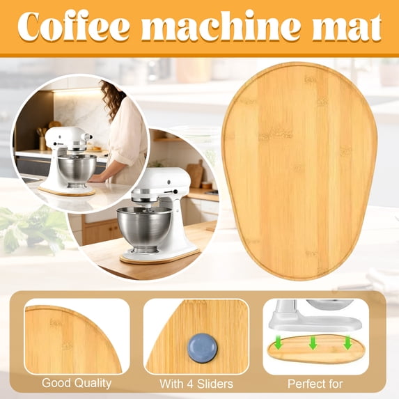 12.6 X 8.3 Inch Bamboo Coffee Maker Sliding Mat, Smooth Gliding Appliance Tray Pad with 4 Non-Slip Adhesive Feet, Heavy-Duty & Durable Countertop Slider for Stand Mixers, Espresso
