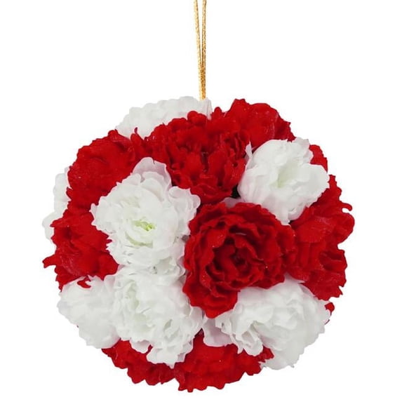 12.6 in. Glittery Peony Hanging Ball, Red & White