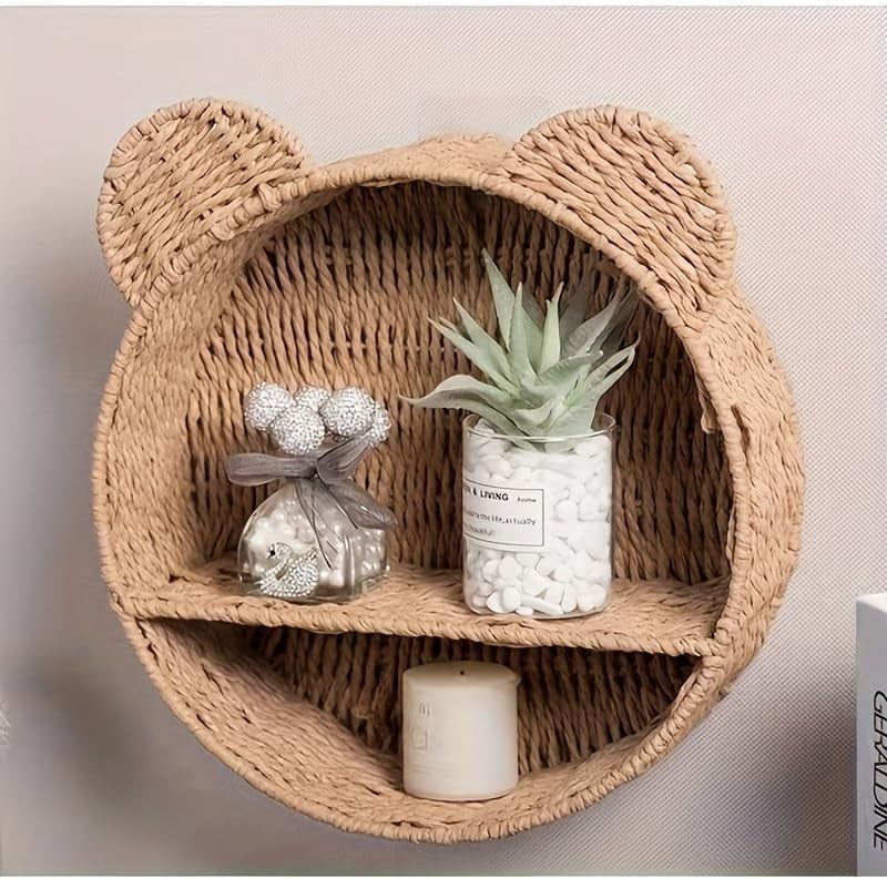 12.6-inch Bear Rattan Shelf, Handwoven Wicker Rack Round Shelf for Wall, Wall-Mounted Floating Display Shelf Organizer for Small Books, Toys & Decor