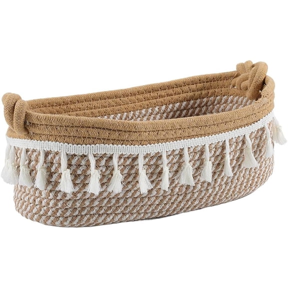 12.6 x 6.9 x 4 Inch Cotton Woven Basket Boho Organizer Bins Tan Macrame Style Tassel Rope Small Storage Holder Basket Box for Home Bedroom Nursery Living room Entryway DIY Decoration